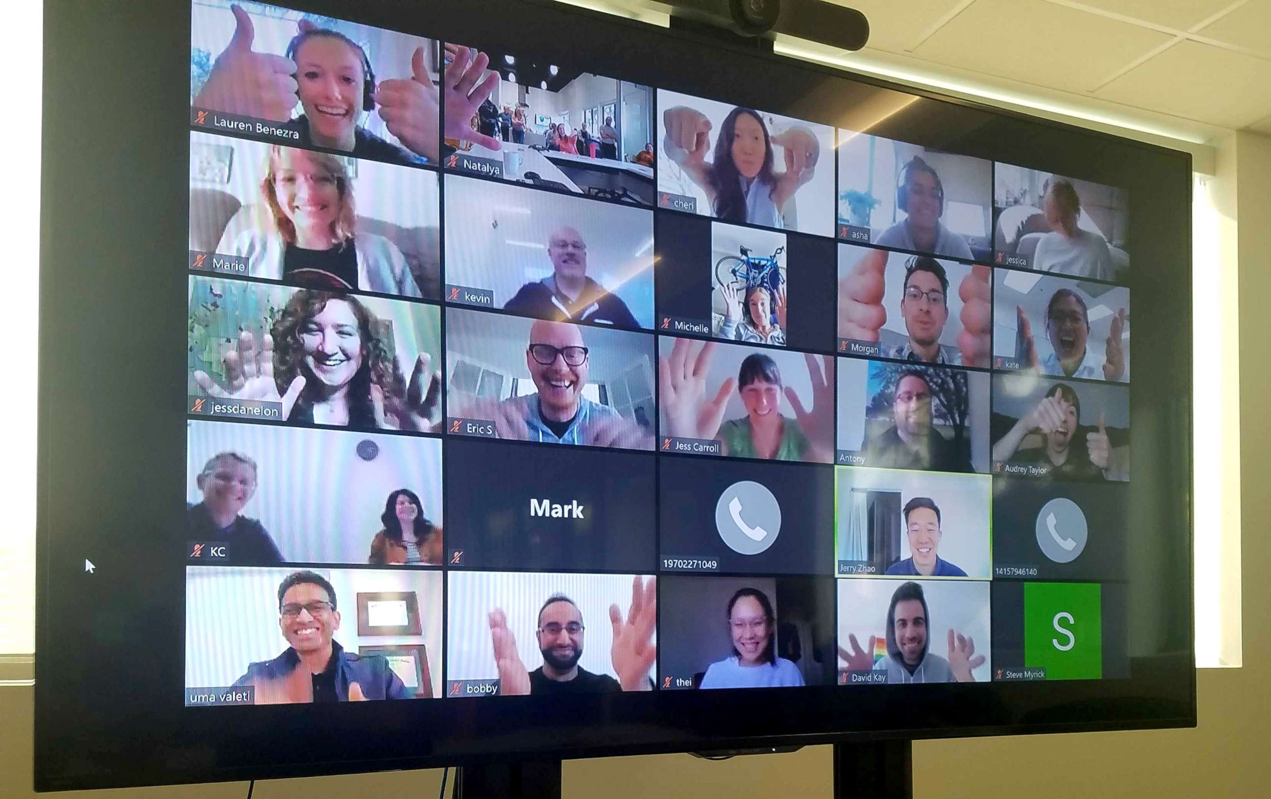 PHOTO: A computer screen shows a video conferencing session at Memphis Meats in Berkeley, California, U.S. in an undated photo.