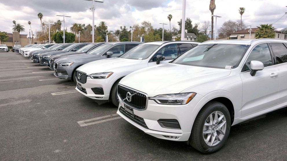 PHOTO: Volvo cars are seen at a car dealership in Pasadena, Calif., on March 8, 2021.