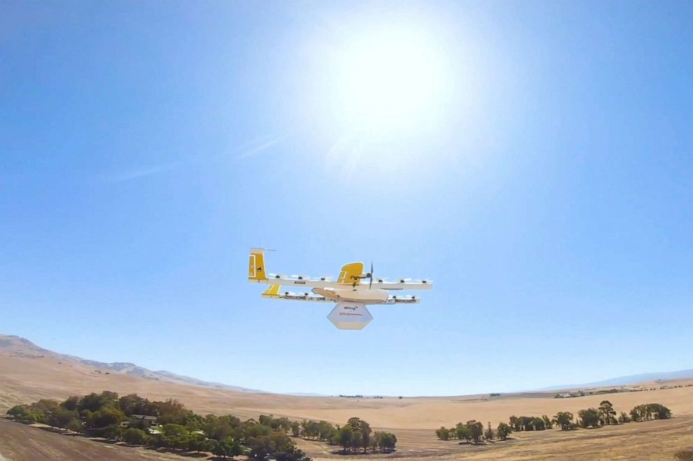 PHOTO: This undated image made from video provided in September 2019 by Wing, a member of the Alphabet family of companies, shows a delivery drone test which is part of a partnership with Walgreens. 