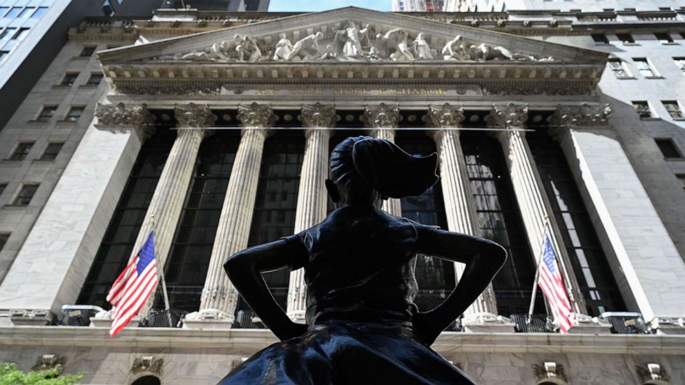 PHOTO: The Fearless Girl statue stands in front of the New York Stock Exchange (NYSE) on Wall Street in N.Y.C, Oct. 2, 2021.