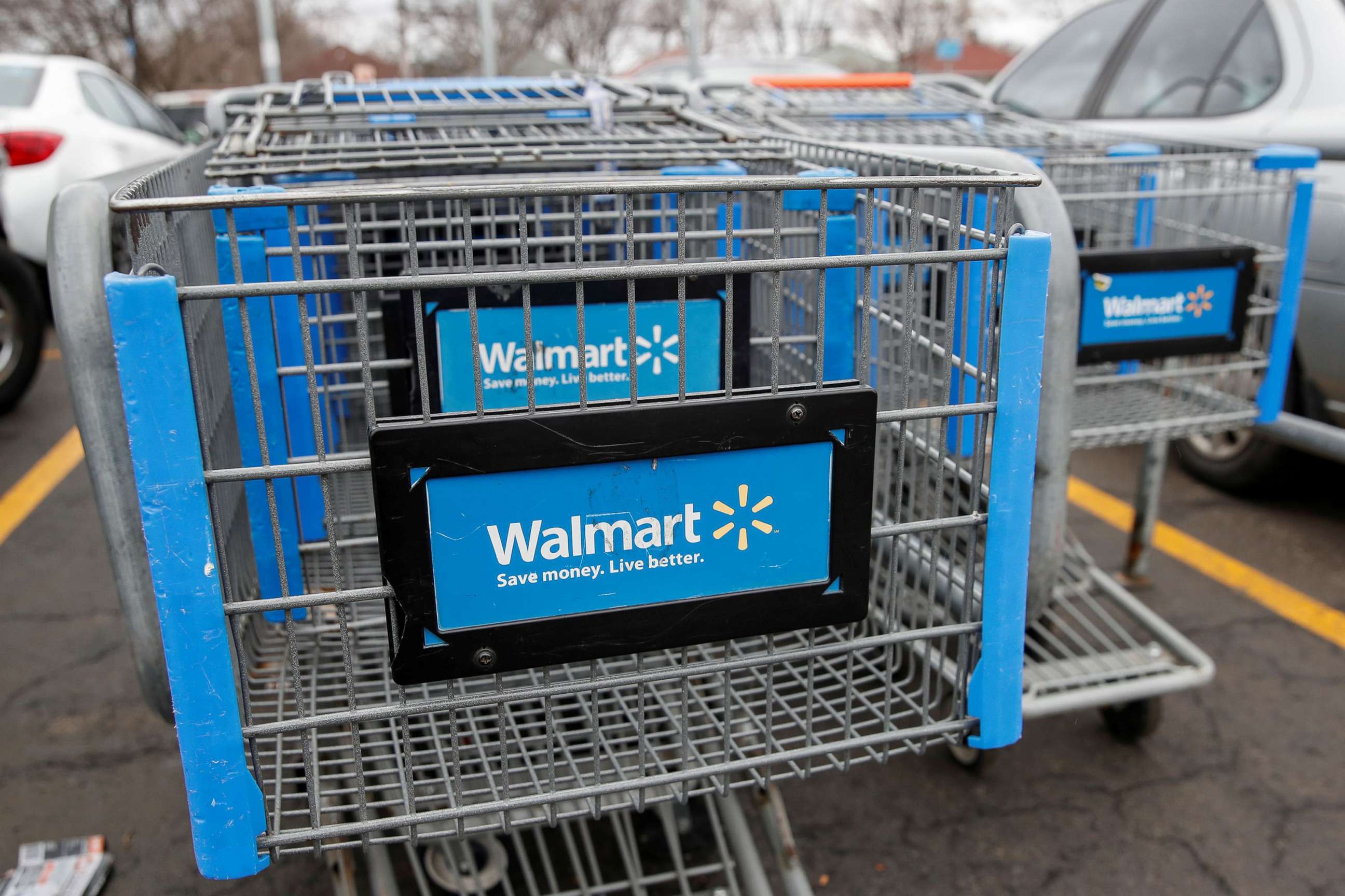 PHOTO: Walmart shopping carts are seen In the parking lot in Chicago, Ill., Nov. 27, 2019.