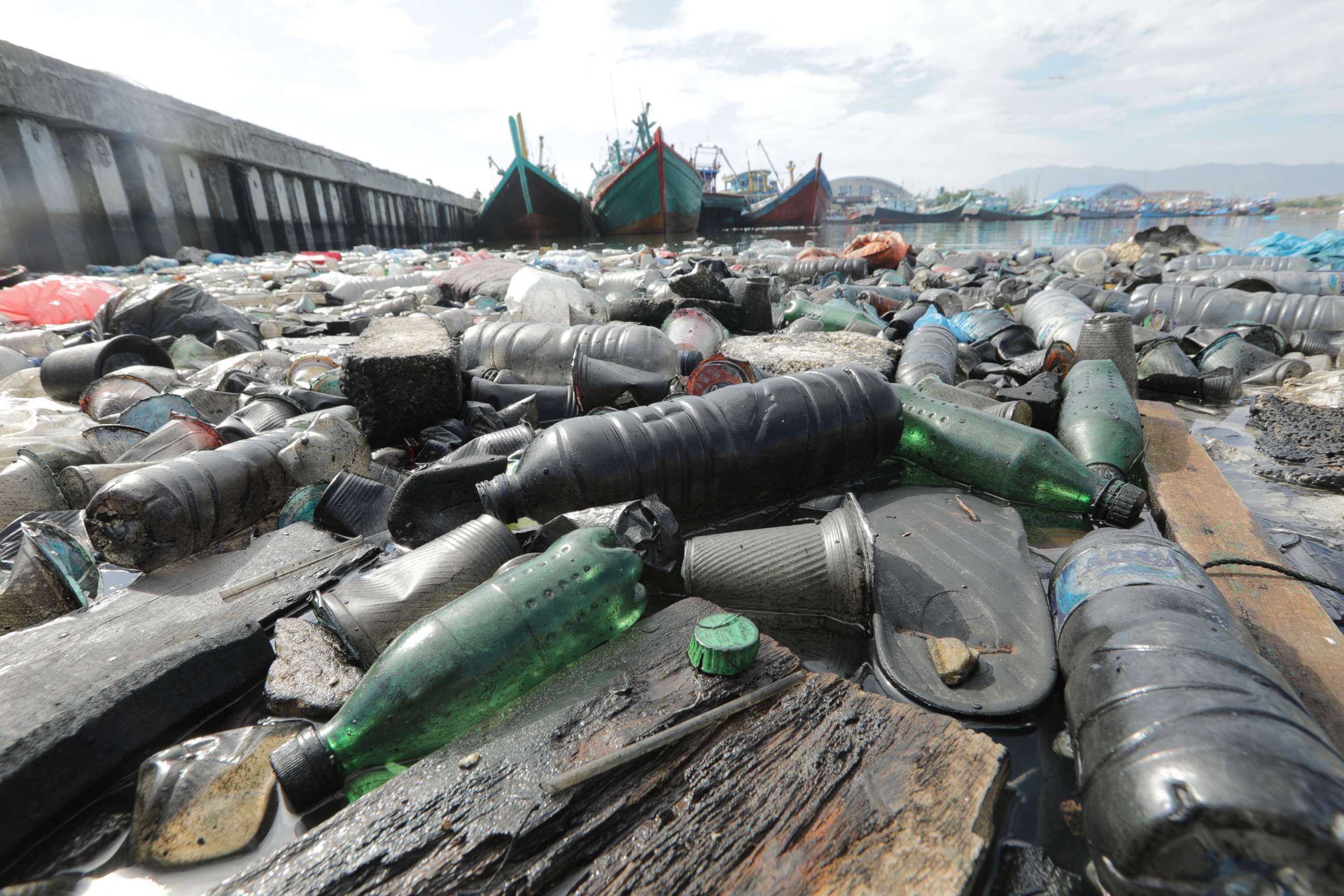 PHOTO: A view of plastic bottles and other garbage floating near the traditional fishing port in Lam Pulo, Banda Aceh, Indonesia, Sept. 17, 2019.