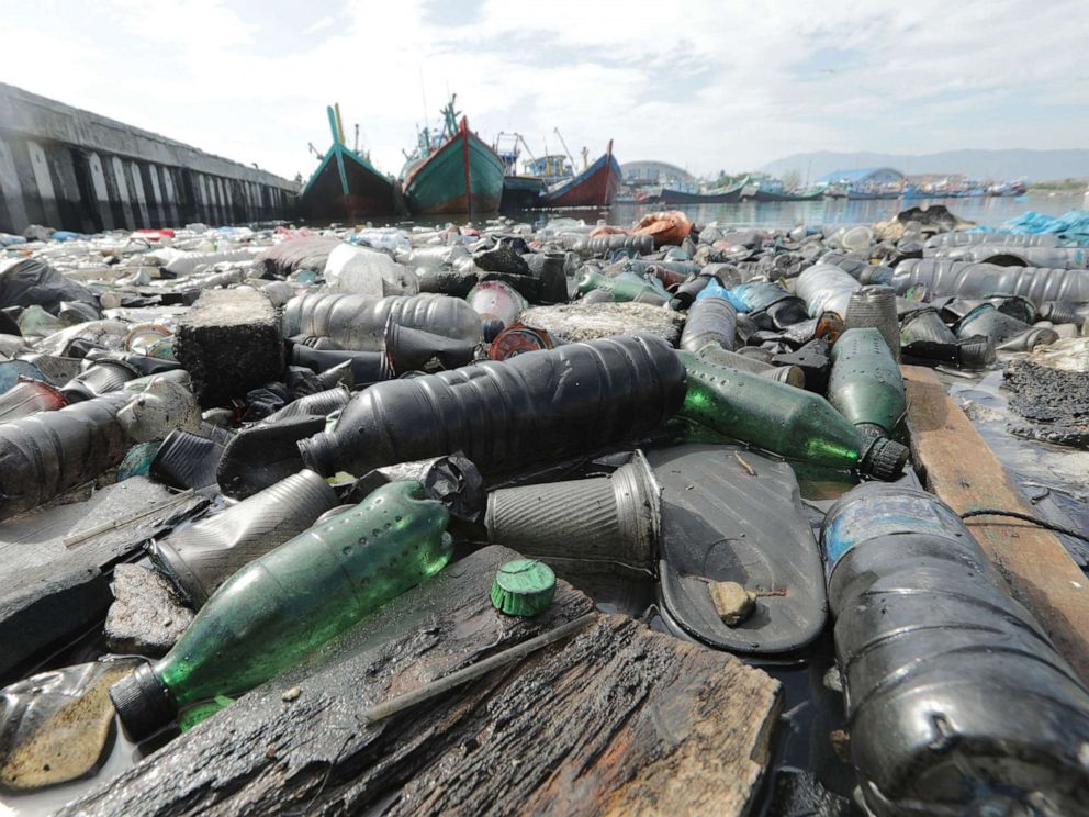 PHOTO: A view of plastic bottles and other garbage floating near the traditional fishing port in Lam Pulo, Banda Aceh, Indonesia, Sept. 17, 2019.