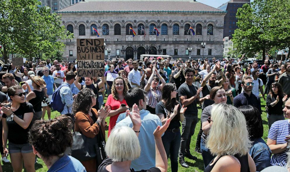 PHOTO: Wayfair employees and supporters rally at Copley Square in Boston, June 26, 2019, to protest the company's decision to sell $200,000 worth of furniture to a government contractor that runs a detention center for migrant children in Texas.