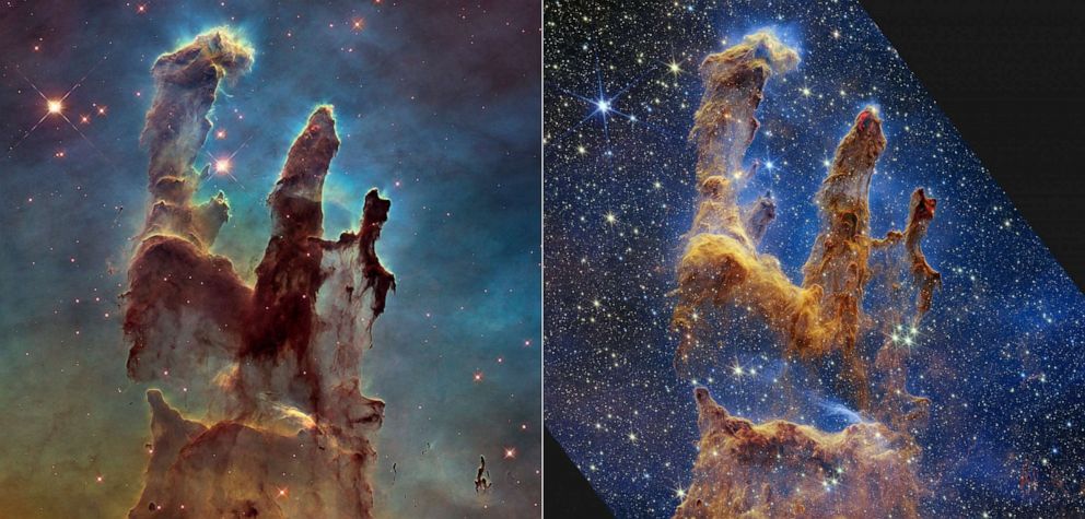 Imagine: Pillars of Creation, capturat pentru prima dată de Telescopul Hubble în 1995, stânga, fotografiat de Telescopul Spațial James Webb în lumină infraroșie apropiată, pentru a determina numărări mai precise ale stelelor infantile, împreună cu cantitățile de gaz și praf.