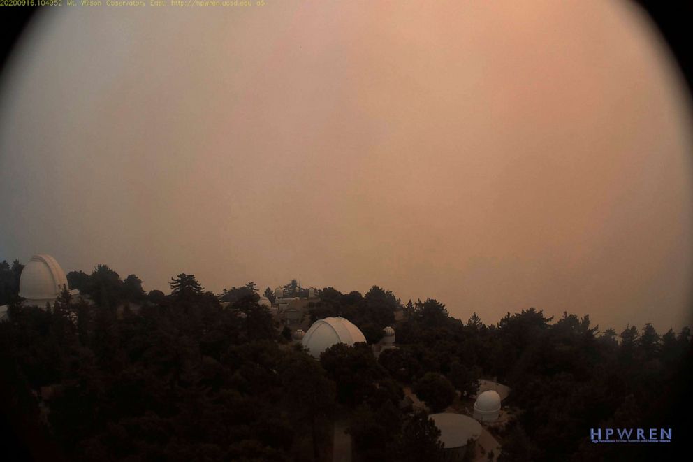 PHOTO: In this Sept. 16, 2020, file photo provided by High Performance Wireless Research and Education Network (HPWREN) and ALERTWildfire from a camera atop Mount Wilson shows dense smoke shrouding the famed observatory in Los Angeles, Calif.
