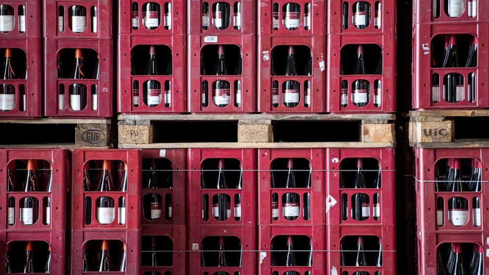 PHOTO: In this Sept. 14, 2017, file photo, crates of red wine bottles are shown at a vineyard near Heilbronn, Germany.