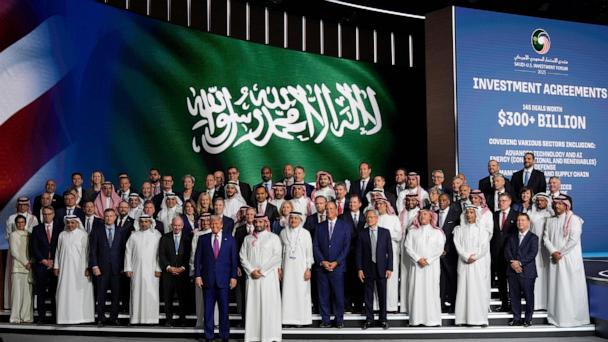 President Donald Trump and Saudi Crown Prince Mohammed bin Salman pose for a photo at the Saudi-U.S. Investment Forum at the King Abdulaziz International Conference Center in Riyadh, Saudi Arabia, Tuesday, May 13, 2025. (AP Photo/Alex Brandon)