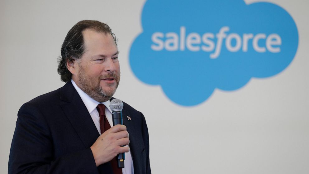 FILE - In this Thursday, May 16, 2019, file photo, Salesforce chairman Marc Benioff speaks during a news conference, in Indianapolis. Salesforce is laying off about 10% of its workforce, more than 7,350 employees, the latest job cuts in the tech indu