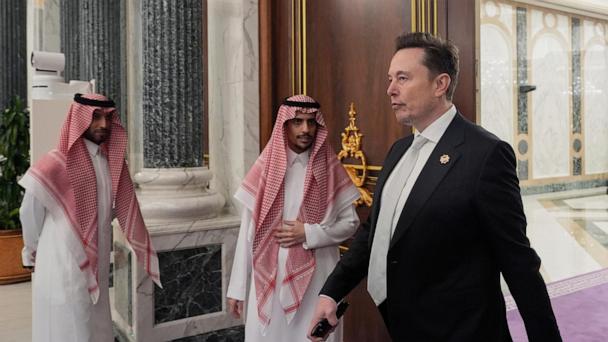 FILE - Elon Musk, departs a lunch between President Donald Trump and Saudi Crown Prince Mohammed bin Salman at the Royal Palace in Riyadh, Saudi Arabia, May 13, 2025. (AP Photo/Alex Brandon, File)