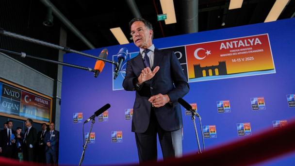 NATO Secretary General Mark Rutte talks to journalists as he arrives for NATO's informal meeting of foreign ministers in Antalya, southern Turkey, Thursday, May 15, 2025. (AP Photo/Khalil Hamra)