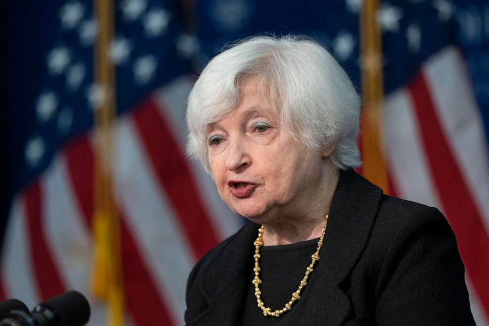 PHOTO: Treasury Secretary Janet Yellen speaks at Johns Hopkins University School of Advanced International Studies, April 20, 2023, in Washington.