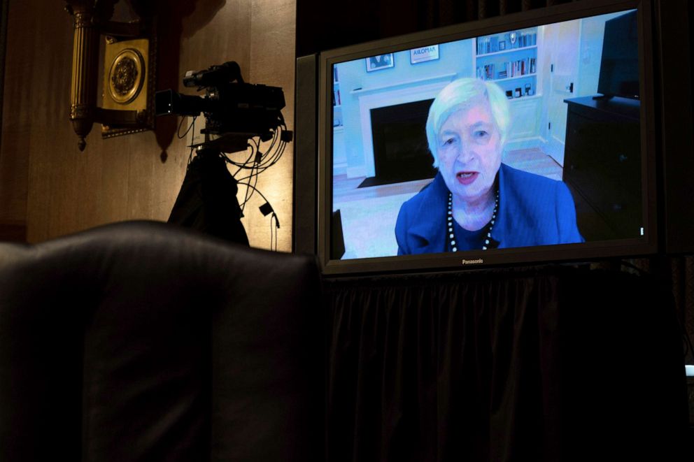PHOTO: Treasury Secretary-nominee Janet Yellen appears virtually during a confirmation hearing before the Senate Finance Committee on Capitol Hill, Jan. 19, 2021, in Washington.