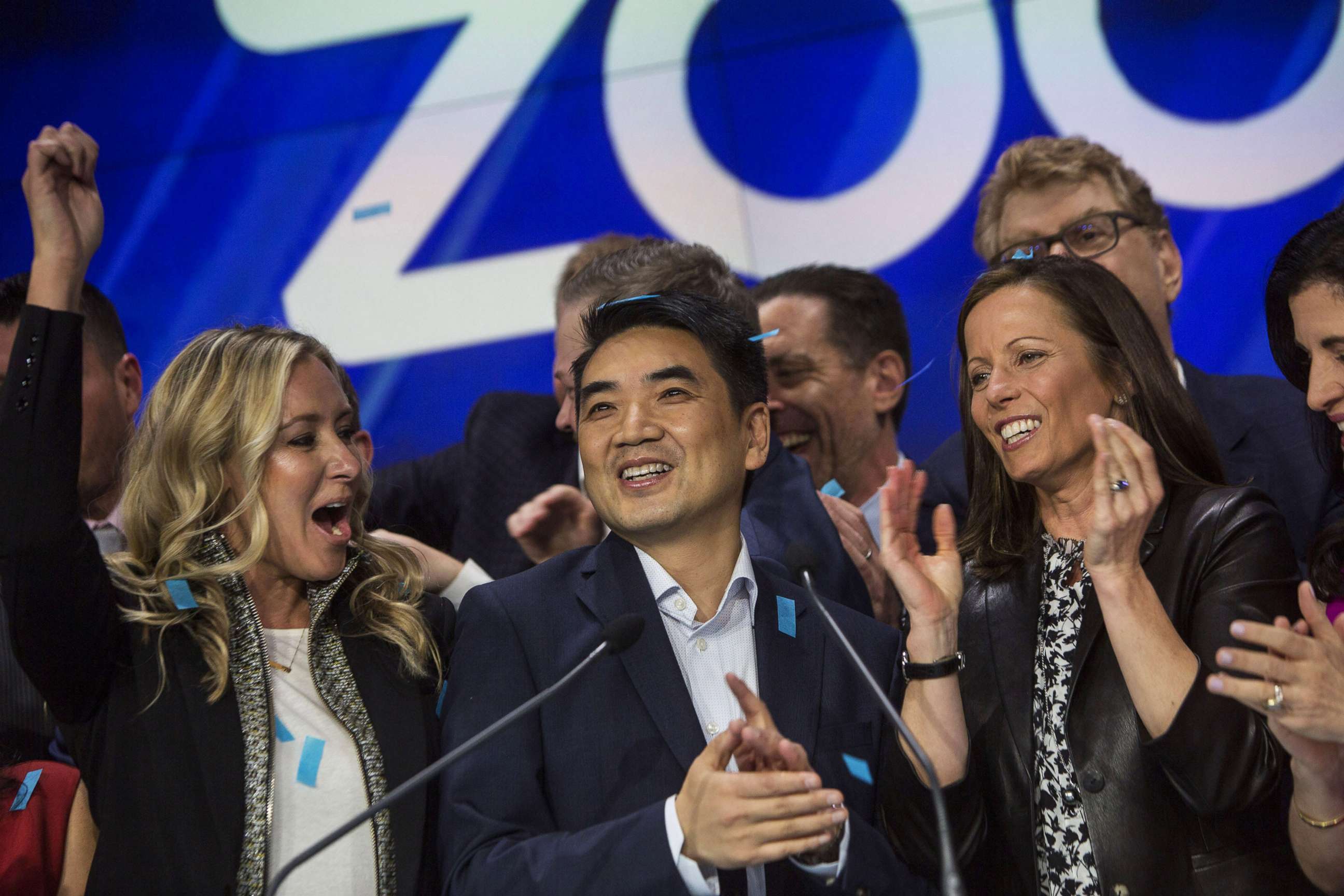 PHOTO: Eric Yuan, founder and CEO of Zoom Video Communications, reacts during the company's initial public offering (IPO) at the Nasdaq MarketSite in New York, April 18, 2019.  