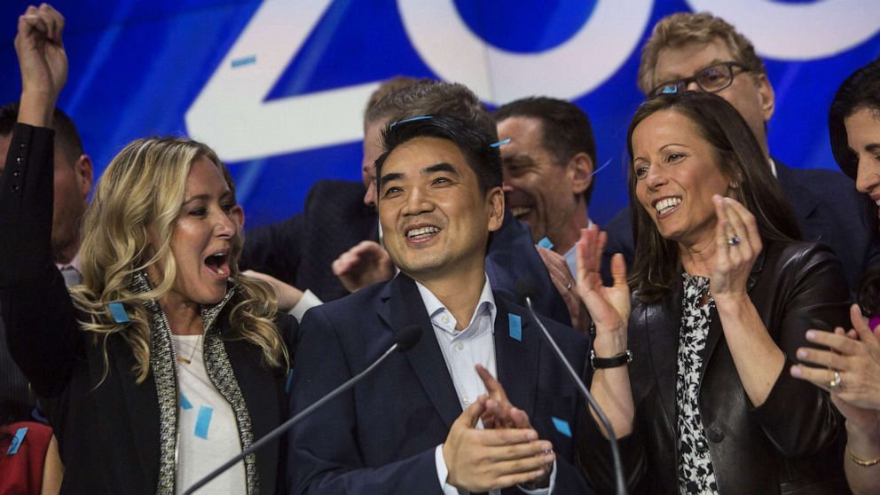 PHOTO: Eric Yuan, founder and CEO of Zoom Video Communications, reacts during the company's initial public offering (IPO) at the Nasdaq MarketSite in New York, April 18, 2019.  