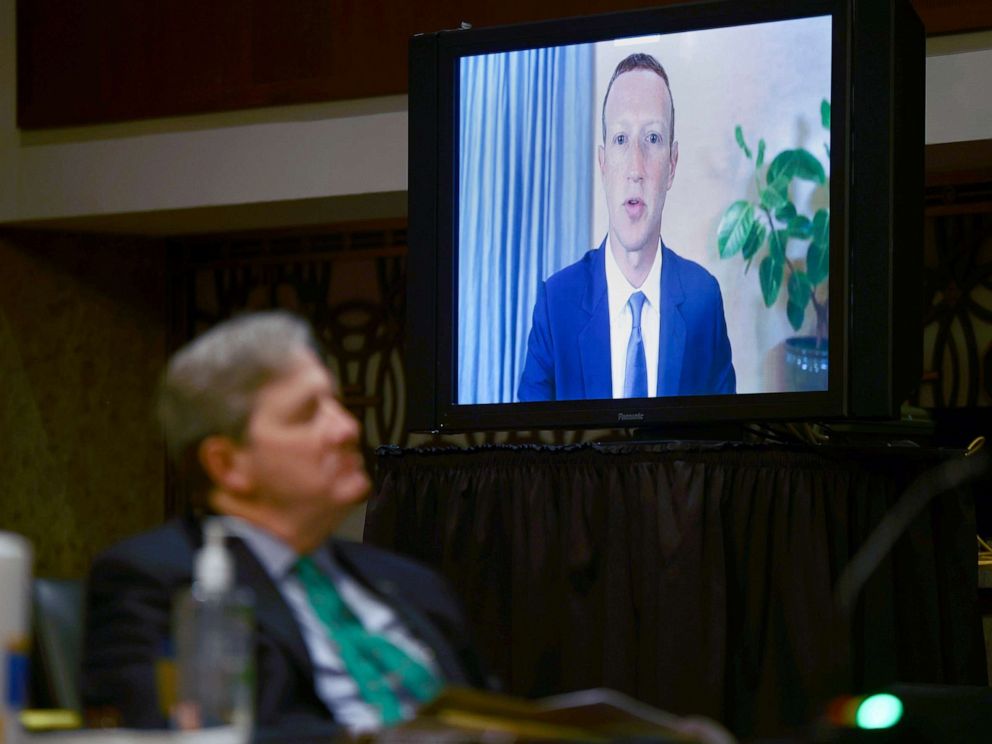PHOTO: Facebook CEO Mark Zuckerberg testifies remotely as Senator John Kennedy listens during a Senate Judiciary Committee hearing titled, "Breaking the News: Censorship, Suppression, and the 2020 Election," Nov. 17, 2020 in Washington, D.C.