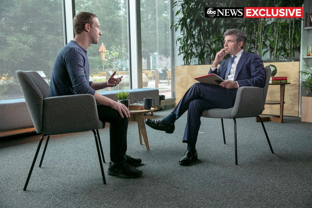 PHOTO: George Stephanopoulos sits down exclusively with Facebook CEO Mark Zuckerberg at Facebook Headquarters in Menlo Park, Calif., April 3, 2019.