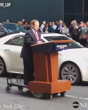 VIDEO: Dressed as White House press secretary Sean Spicer, Melissa McCarthy zoomed around on a motorized podium and screams at Columbus Circle traffic.