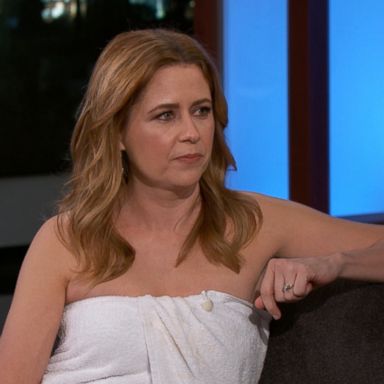 VIDEO: Actress Jenna Fischer showed up to her interview with Jimmy Kimmel on Monday wearing nothing but a white bath towel and blue jeans.