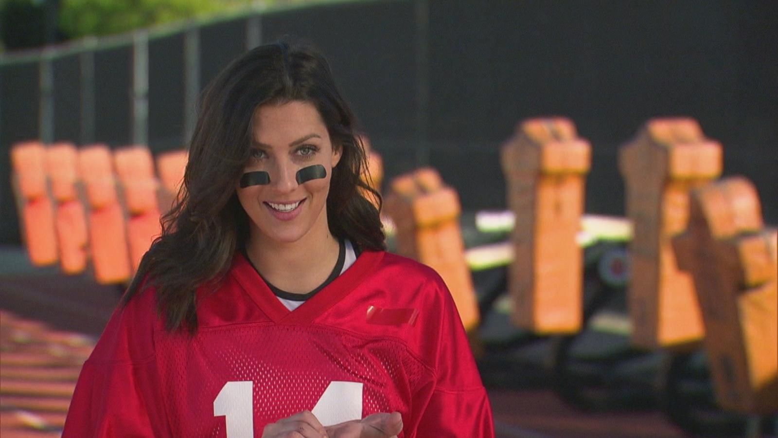 PHOTO: The men meet Becca at a football field on "The Bachelorette." 8:00-10:01 p.m. EDT), on The ABC Television Network.