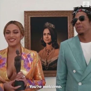 VIDEO: When The Carters -- husband and wife duo BeyoncÃ© and JAY-Z -- won the International Group prize at the U.K. music industry's BRIT Awards, they sent a video message recorded in front of a portrait of Meghan, Duchess of Sussex.