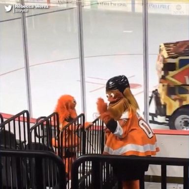 VIDEO: Flyers mascot Gritty has dance off with 8-year-old fan 