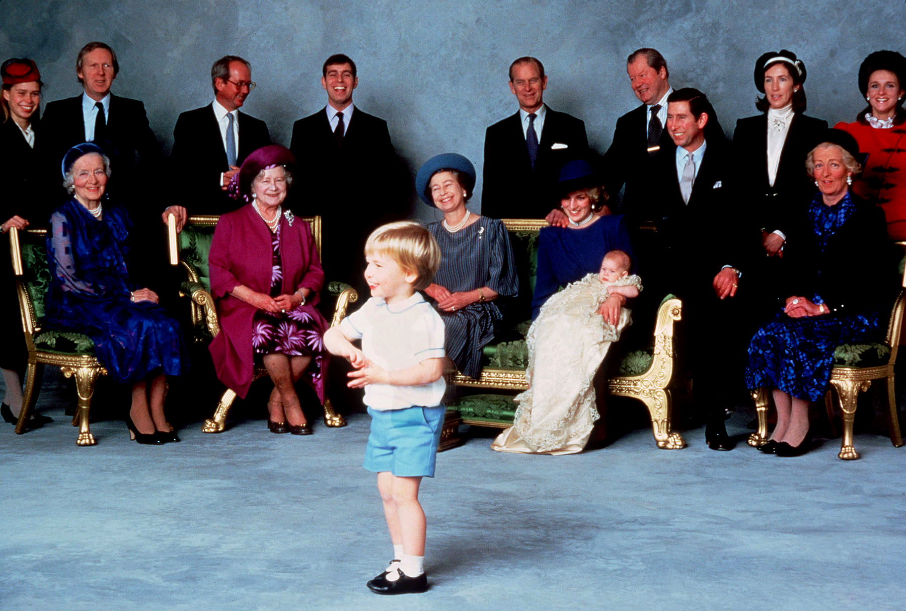 PHOTO: Surrounded by royal relatives and godparents who are amused at the antics of young Prince William, Prince Harry is christened at Windsor Castle, Dec. 21, 1984 in Windsor, England.