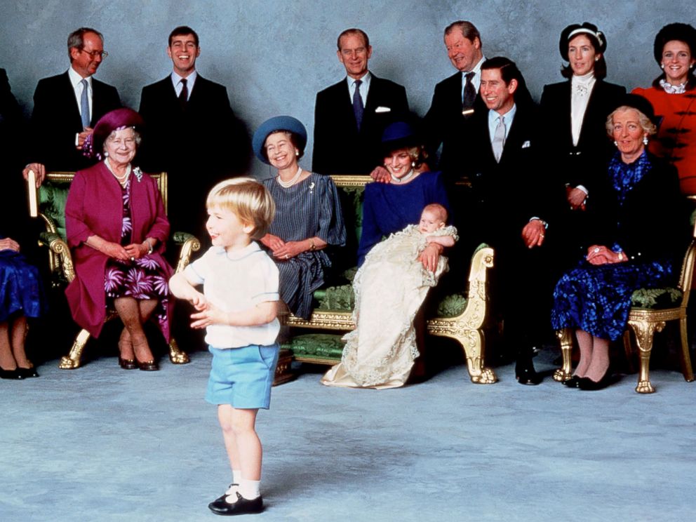 PHOTO: Surrounded by royal relatives and godparents who are amused at the antics of young Prince William, Prince Harry is christened at Windsor Castle, Dec. 21, 1984 in Windsor, England.