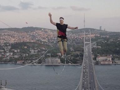 WATCH:  Daredevil walks slackline from Europe to Asia