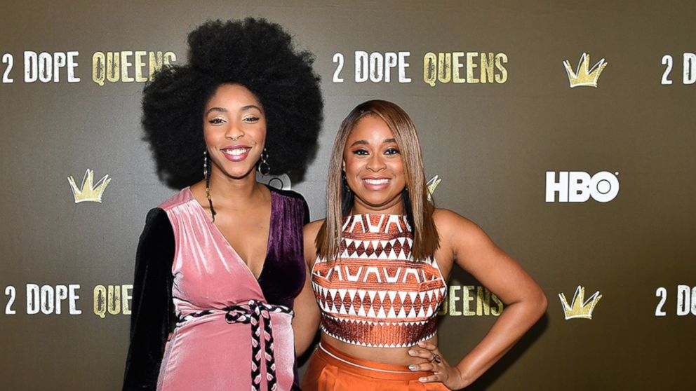Jessica Williams, left, and Phoebe Robinson attend HBO's "2 Dope Queens" NYC slumber party premiere at Public Arts on Jan. 31, 2018, in New York City.  