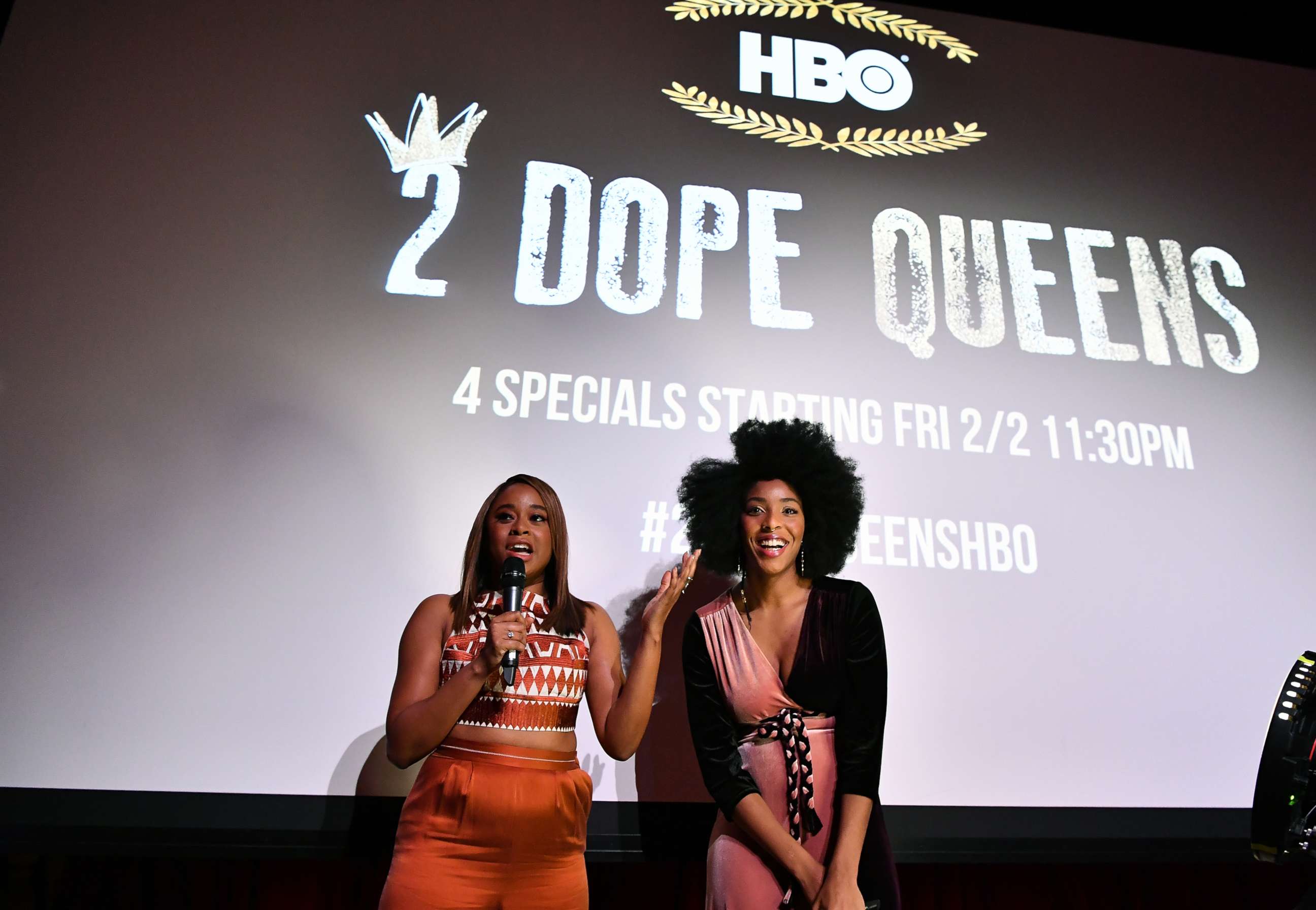 PHOTO: Phoebe Robinson, left, and Jessica Williams attend HBO's "2 Dope Queens" NYC slumber party premiere at Public Arts on Jan. 31, 2018, in New York City.  