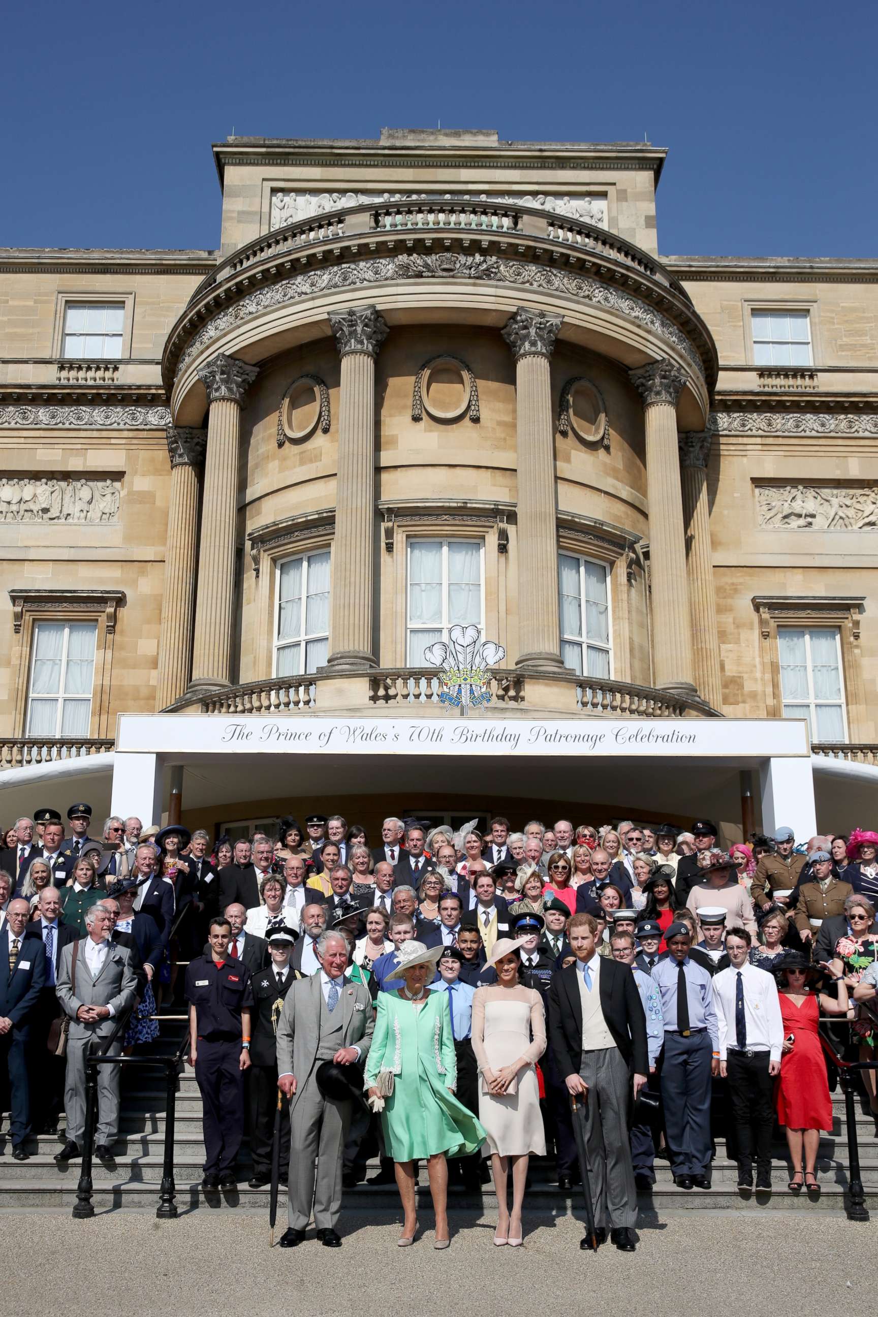 PHOTO: Prince Charles, Prince of Wales, Camilla, Duchess of Cornwall, Meghan, Duchess of Sussex, Prince Harry, Duke of Sussex and guests pose as they attend The Prince of Wales' 70th Birthday Patronage Celebration, May 22, 2018, in London.