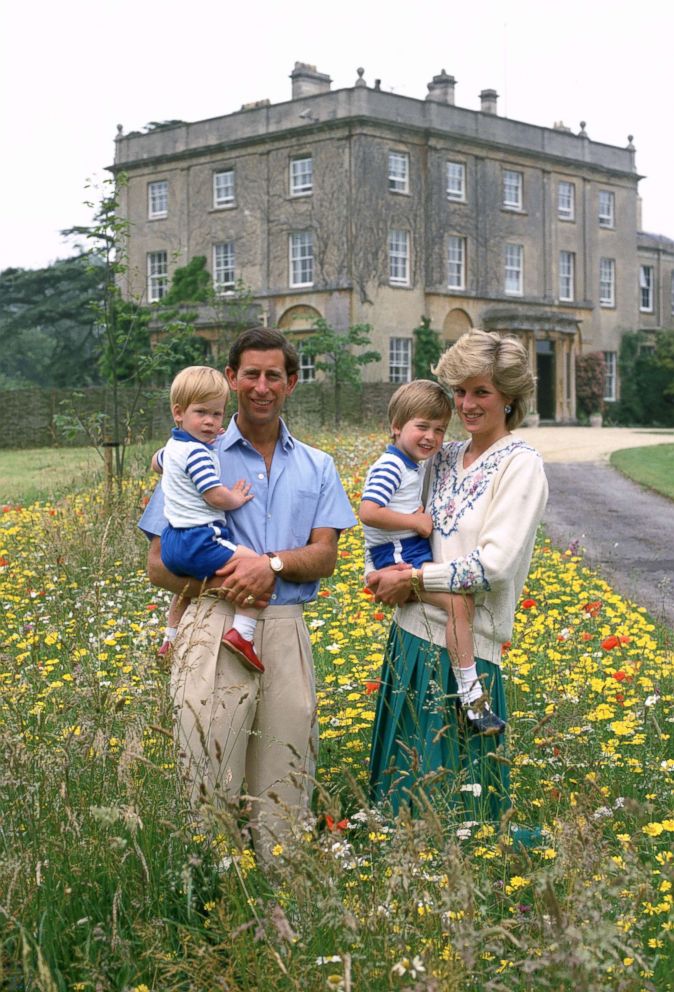 PHOTO: Prince Charles, Prince of Wales and Diana, Princess of Wales pose with their sons Prince William and Prince Harry in the wild flower meadow at Highgrove on July 14, 1986 in Tetbury, England.