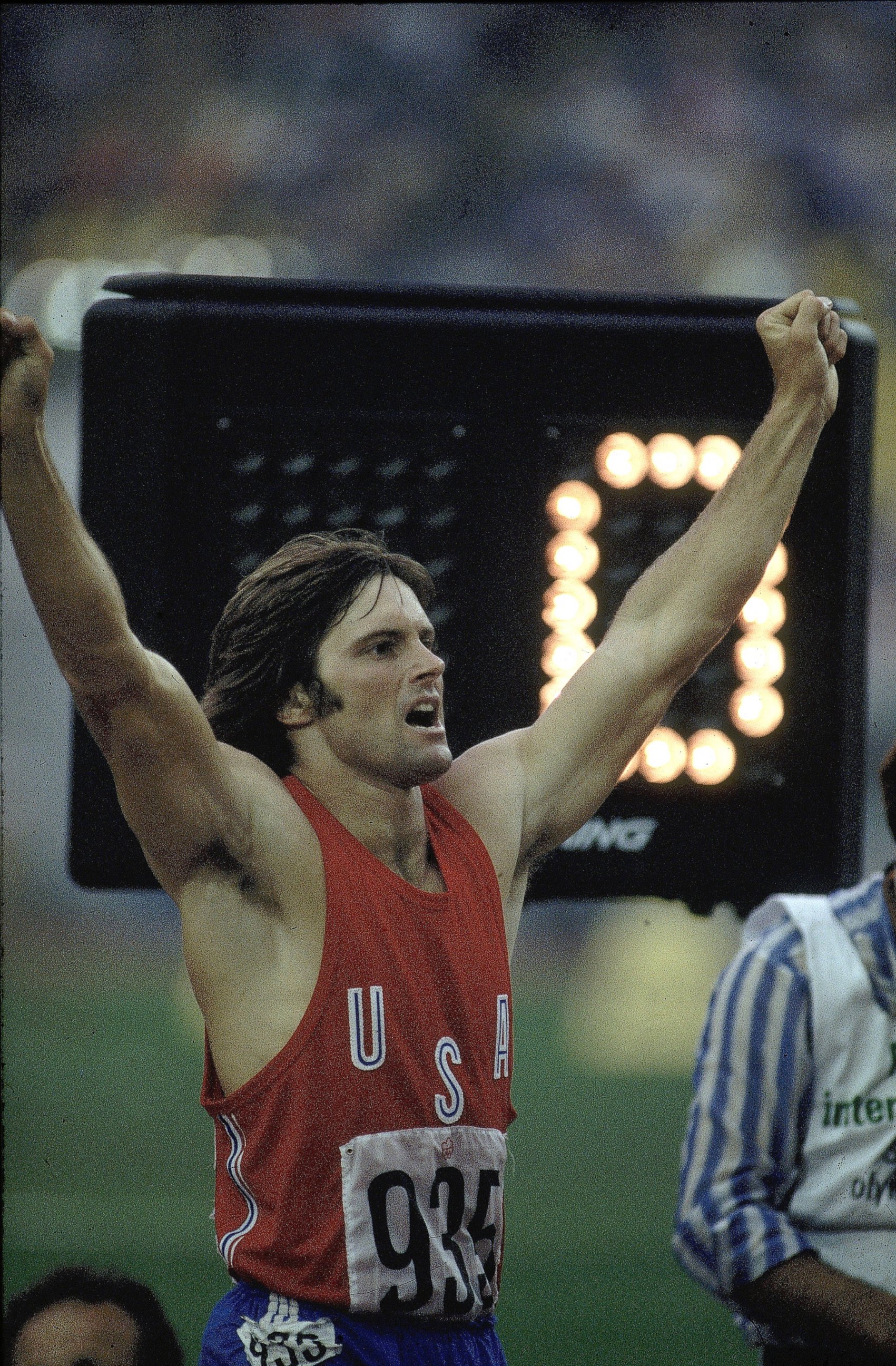 PHOTO: Bruce Jenner celebrates after winning 1500M race during Decathlon at Olympic Stadium in Montreal, Canada, July 17, 1976.