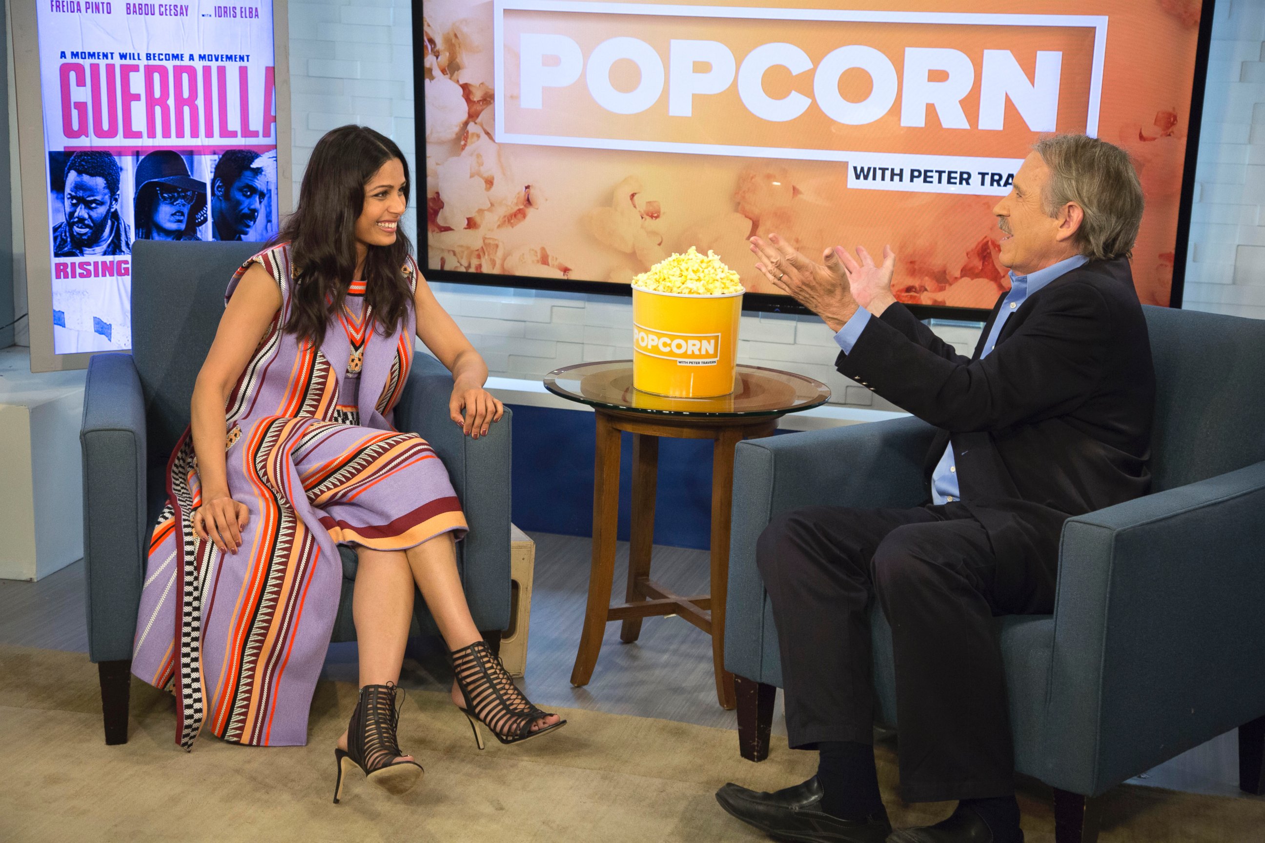 PHOTO: Freida Pinto and Peter Travers at the ABC News studios in New York City, on "Popcorn with Peter Travers," April 4, 2017.