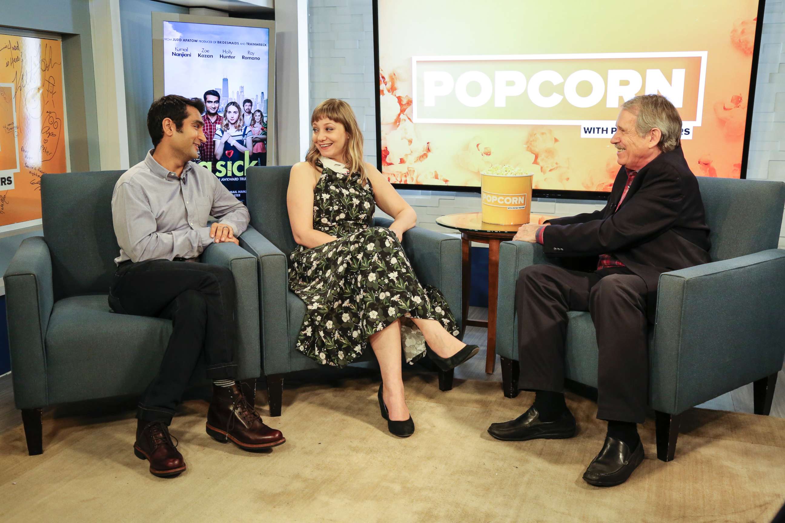 PHOTO: Kumail Nanjiani and Emily V. Gordon, from "The Big Sick," at the ABC News studios in New York City, on "Popcorn with Peter Travers," June 22, 2017.