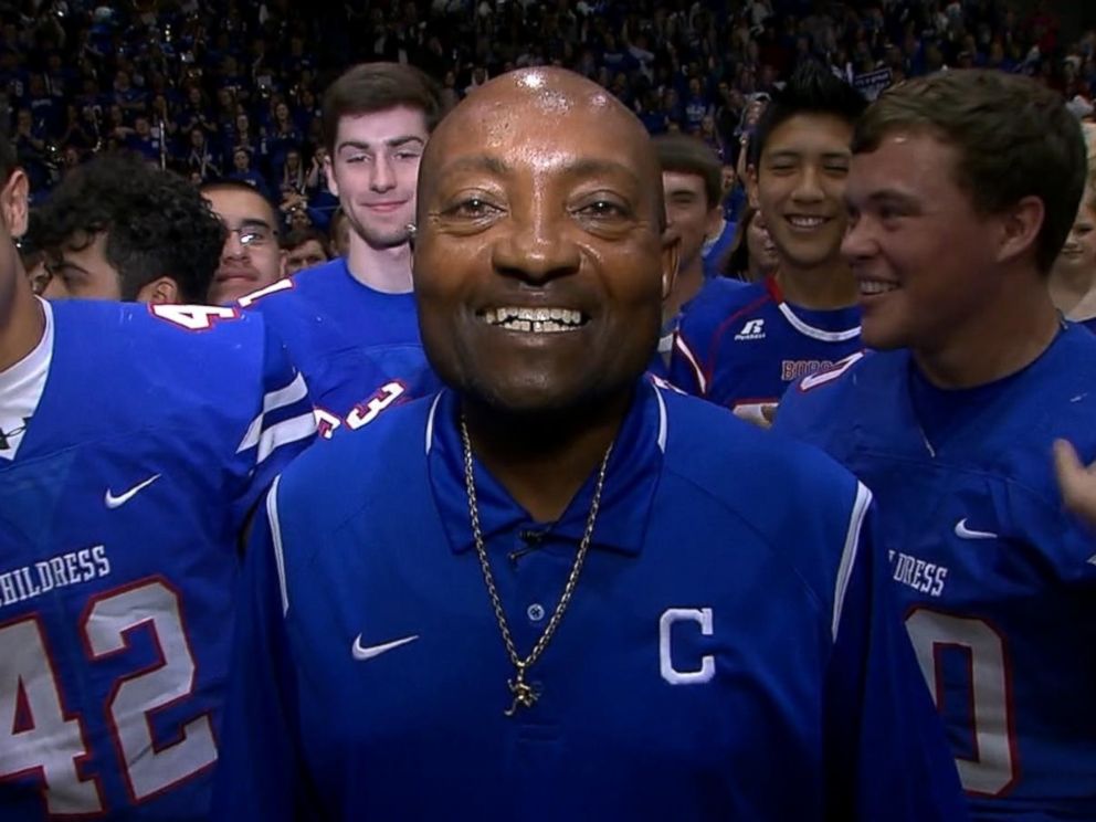 PHOTO: Phillip Rhodes, a coach at Childress High School in Texas, was surprisedwith a trip to Super Bowl LI in Houston after being nominated by more than 100 people he has helped throughout his career.
