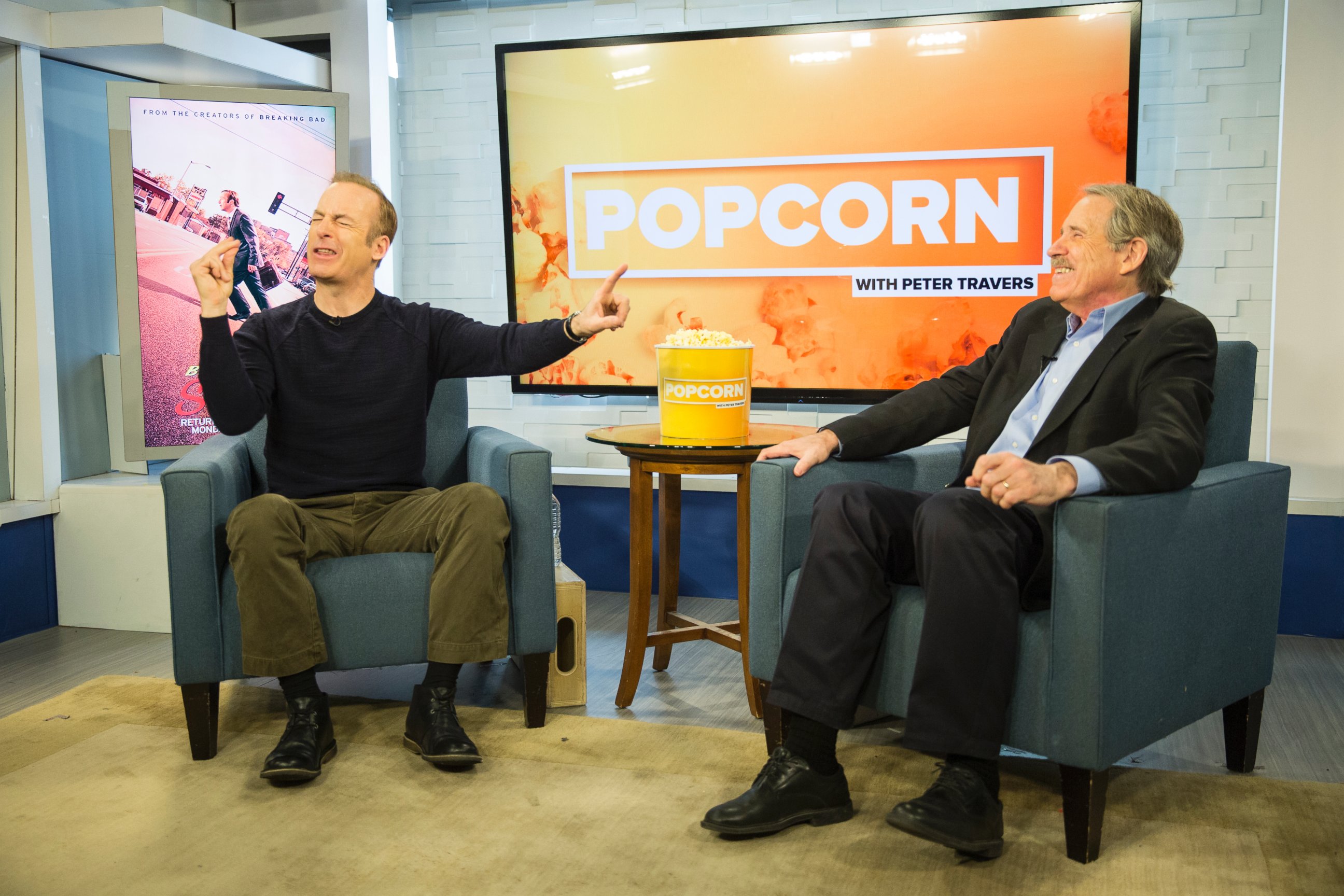 PHOTO: Bob Odenkirk and Peter Travers are seen here at the ABC News studios in New York, Feb. 15, 2017. 