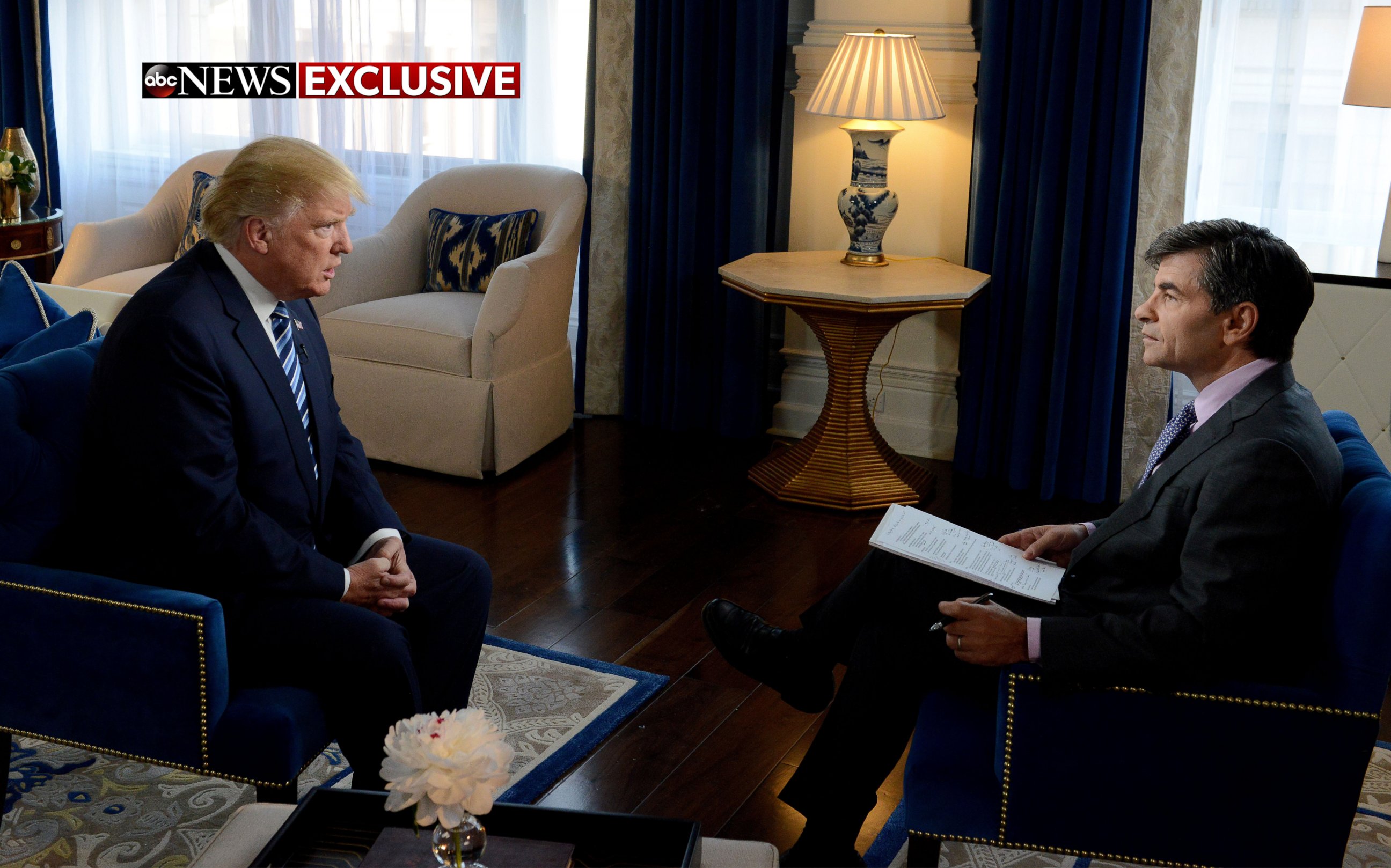 PHOTO: Donald Trump speaks to ABC News' George Stephanopoulos in an exclusive interview, Oct. 26, 2016. 
