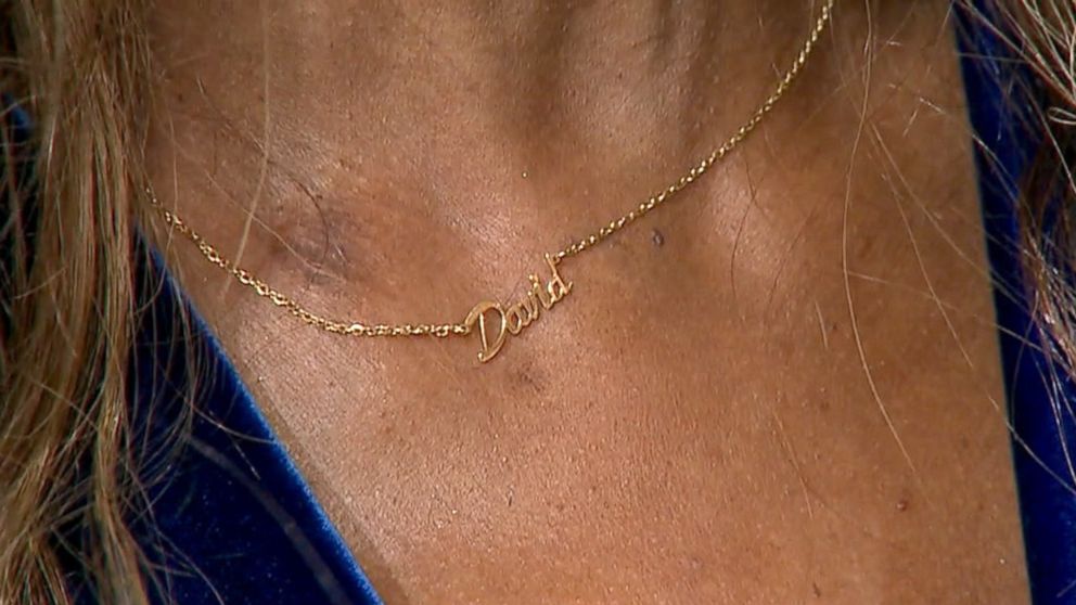 PHOTO:Model Iman who appeared on Good Morning America to talk about her late husband, David Bowie.  She wears a necklace with his name on it in his honor. 