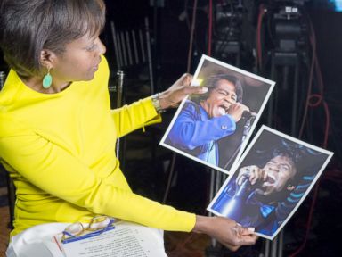 PHOTO: ABCs Deborah Roberts holds a photo of the real James Brown next to a photo of actor Chadwick Boseman playing the music legend in the new biopic, Get On Up.