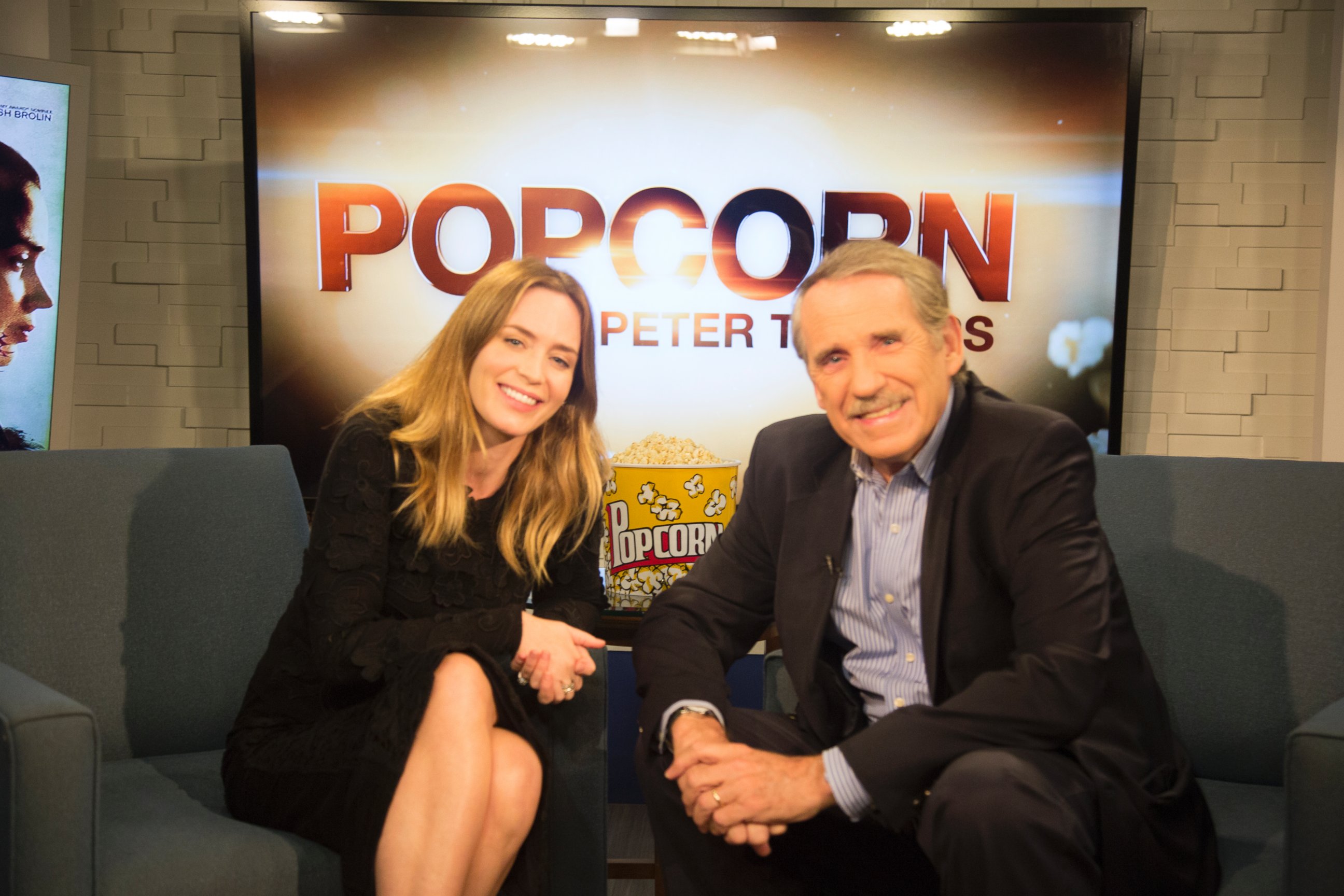 PHOTO: Emily Blunt and Peter Travers on the set of "Popcorn with Peter Travers." 
