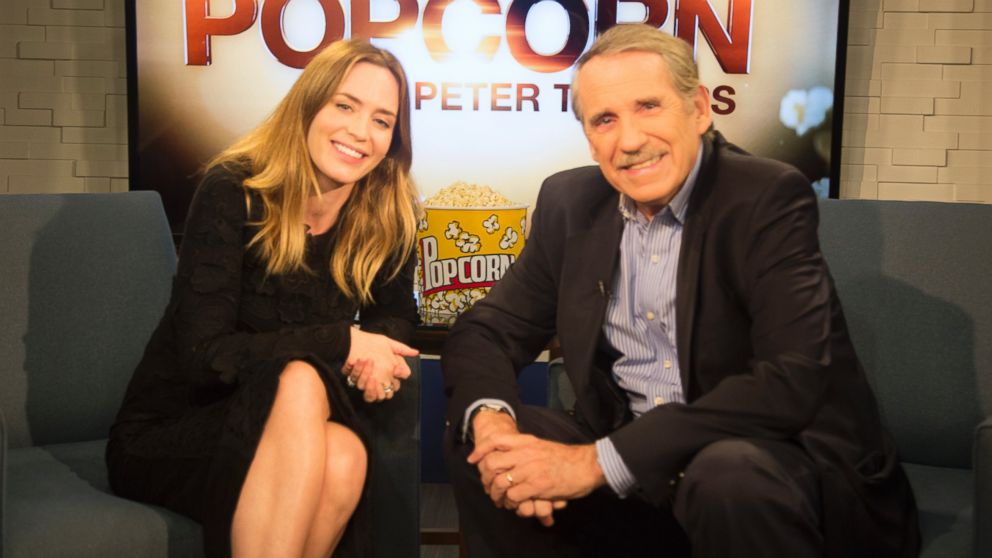 PHOTO: Emily Blunt and Peter Travers on the set of "Popcorn with Peter Travers." 
