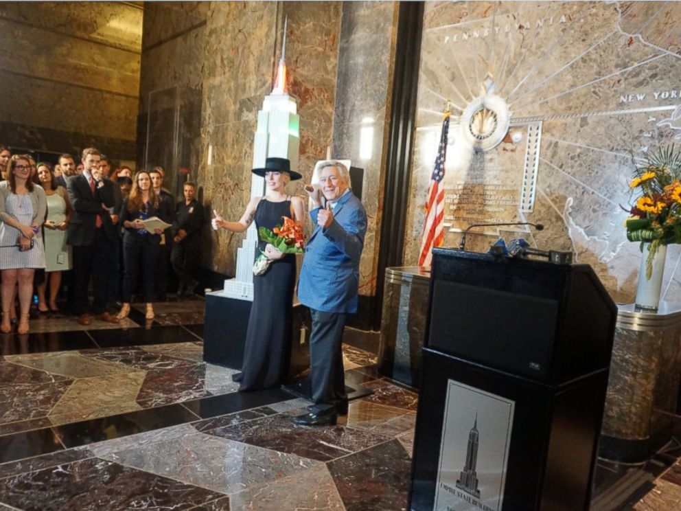PHOTO: Lady Gaga and Tony Bennett Light the Empire State Building in New York in honor of Bennetts Musical Legacy, Aug. 3, 2016.