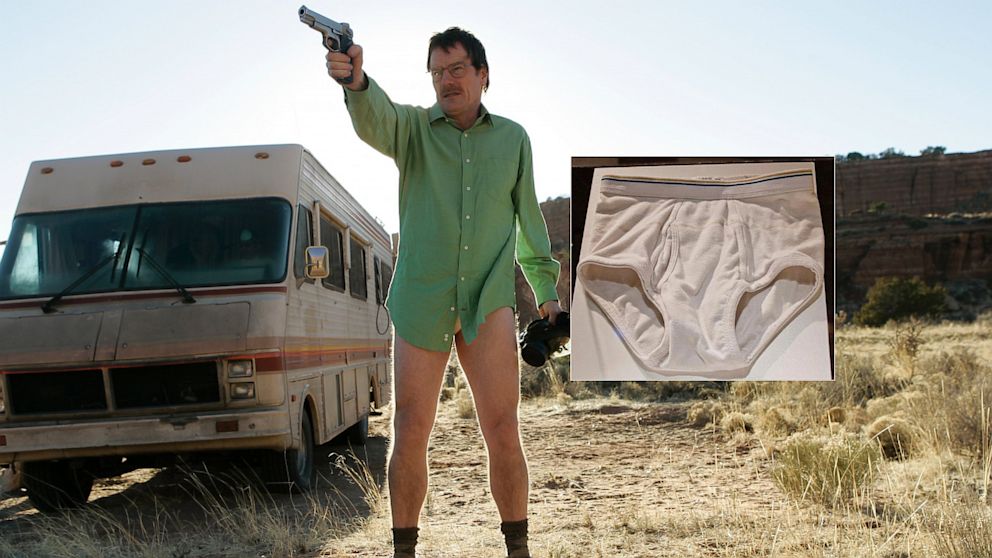 Walter White films a scene in the pilot episode of "Breaking Bad." Inset, the briefs worn during this first show which are being auctioned off with an asking bid of $3,400. 