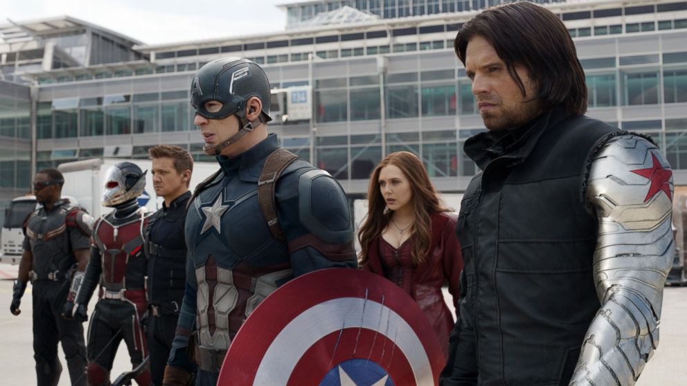 PHOTO: Anthony Mackie, from left, Paul Rudd, Jeremy Renner, Chris Evans, Elizabeth Olsen and Sebastian Stan appear in a scene from Disney's "Captain America: Civil War."
