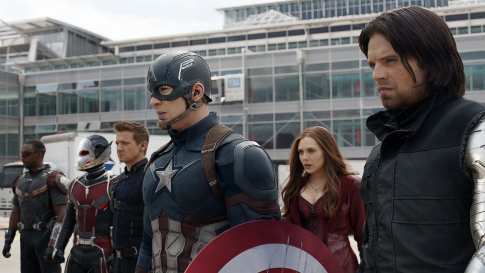 PHOTO: Anthony Mackie, from left, Paul Rudd, Jeremy Renner, Chris Evans, Elizabeth Olsen and Sebastian Stan appear in a scene from Disney's "Captain America: Civil War."