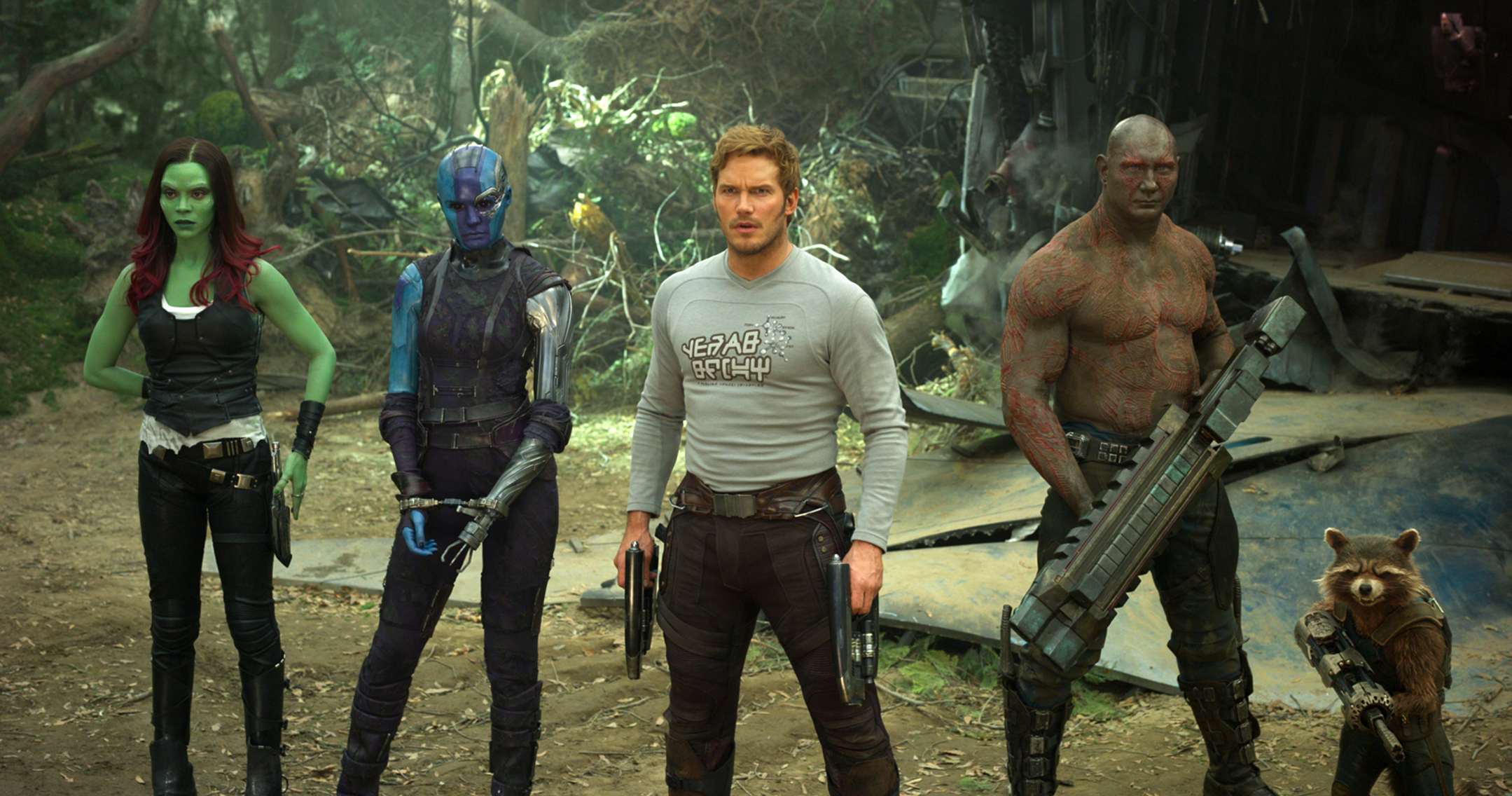 PHOTO: Zoe Saldana, left, Karen Gillan, Chris Pratt, Dave Bautista and Rocket, voiced by Bradley Cooper, in a scene from, "Guardians Of The Galaxy Vol. 2." 