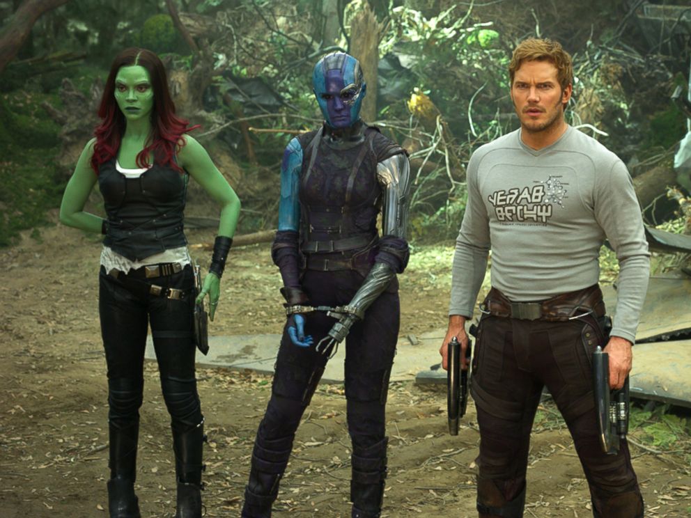 PHOTO: Zoe Saldana, left, Karen Gillan, Chris Pratt, Dave Bautista and Rocket, voiced by Bradley Cooper, in a scene from, Guardians Of The Galaxy Vol. 2.