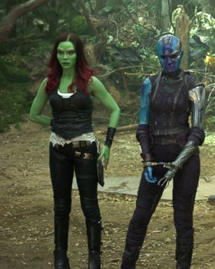 PHOTO: Zoe Saldana, left, Karen Gillan, Chris Pratt, Dave Bautista and Rocket, voiced by Bradley Cooper, in a scene from, "Guardians Of The Galaxy Vol. 2." 